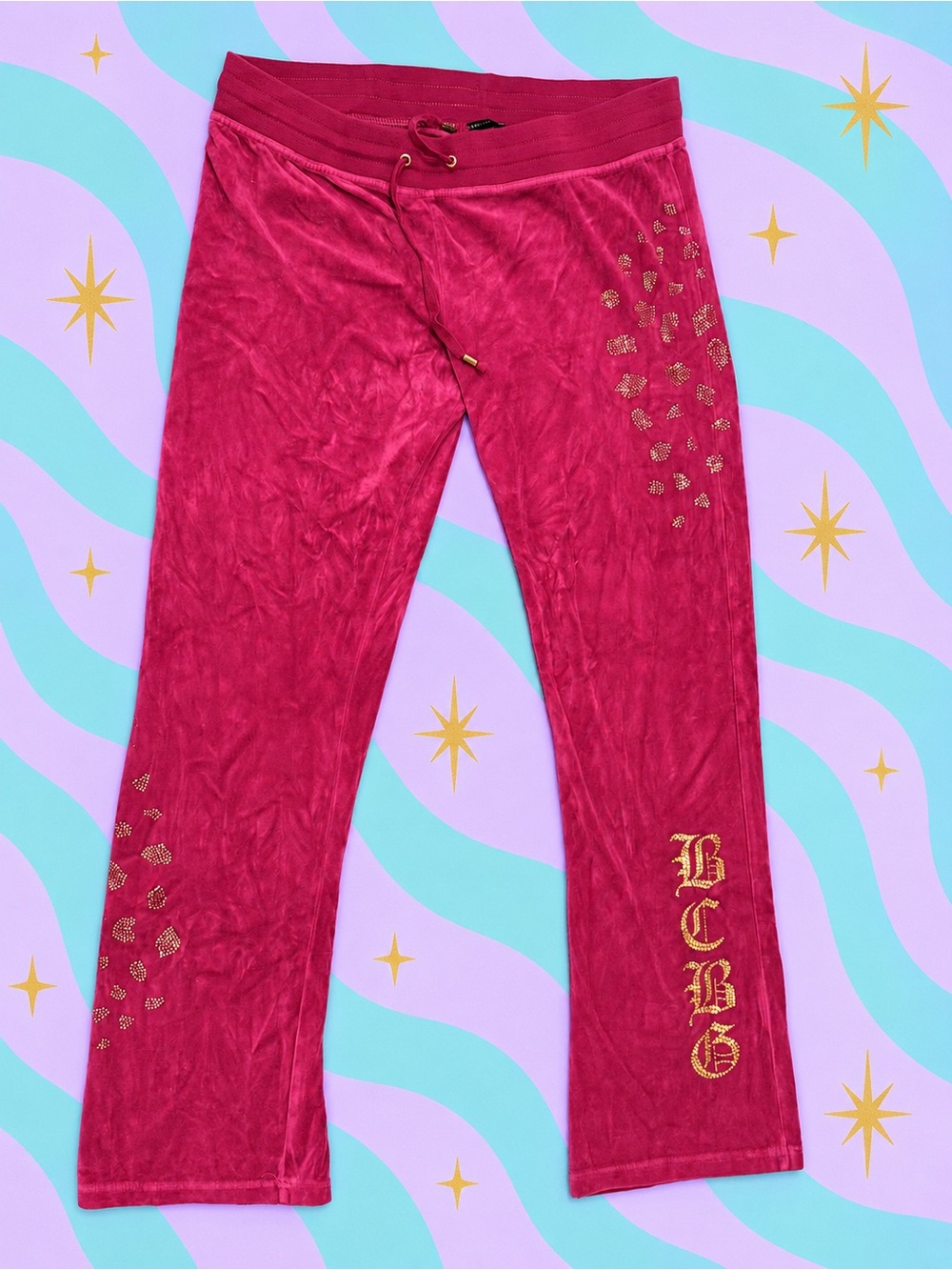BCBGMaxAzria Kids Burgundy Velour Pajama Bottoms with Gold Foil Details